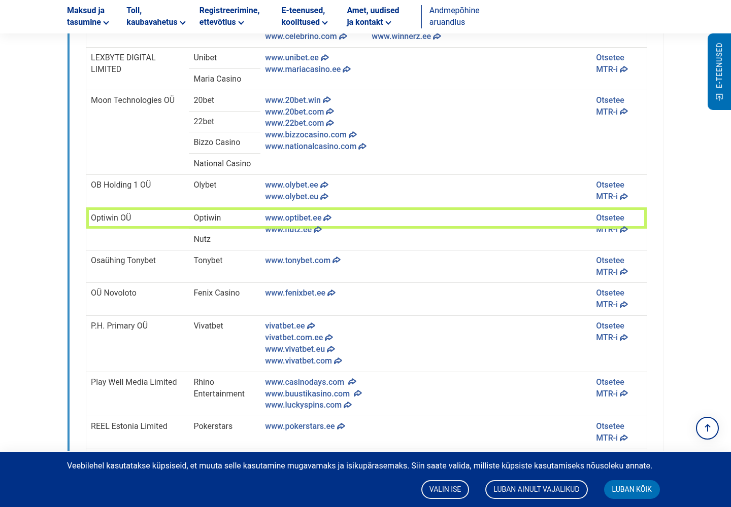 EMTA loendi kuvatõmmis, mille tõendikontekst seob Optiwin OÜ ja domeeni optibet.ee