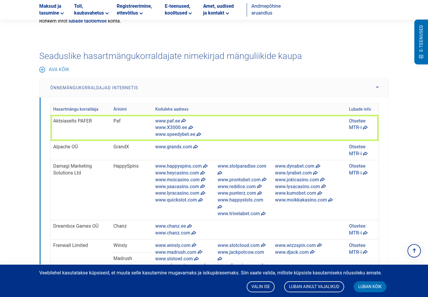 EMTA registri kuvatõmmis paf.ee ja Aktsiaselts PAFER seose kontrollist 21. augustil 2026